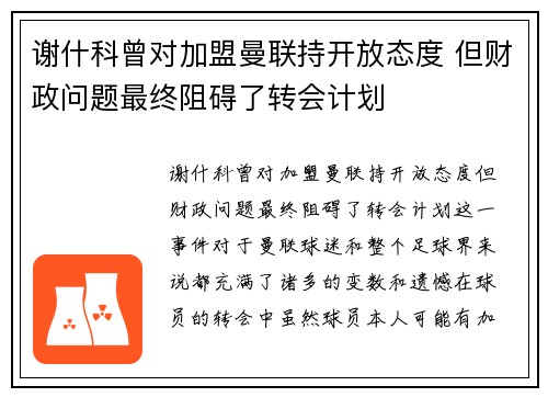 谢什科曾对加盟曼联持开放态度 但财政问题最终阻碍了转会计划