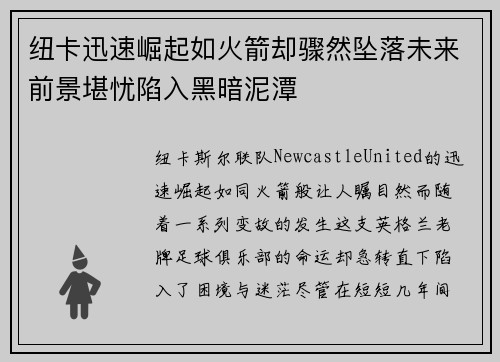 纽卡迅速崛起如火箭却骤然坠落未来前景堪忧陷入黑暗泥潭