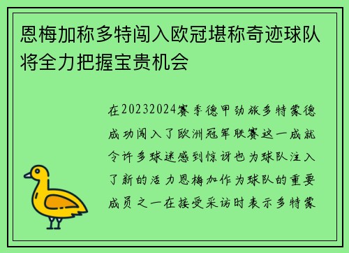 恩梅加称多特闯入欧冠堪称奇迹球队将全力把握宝贵机会